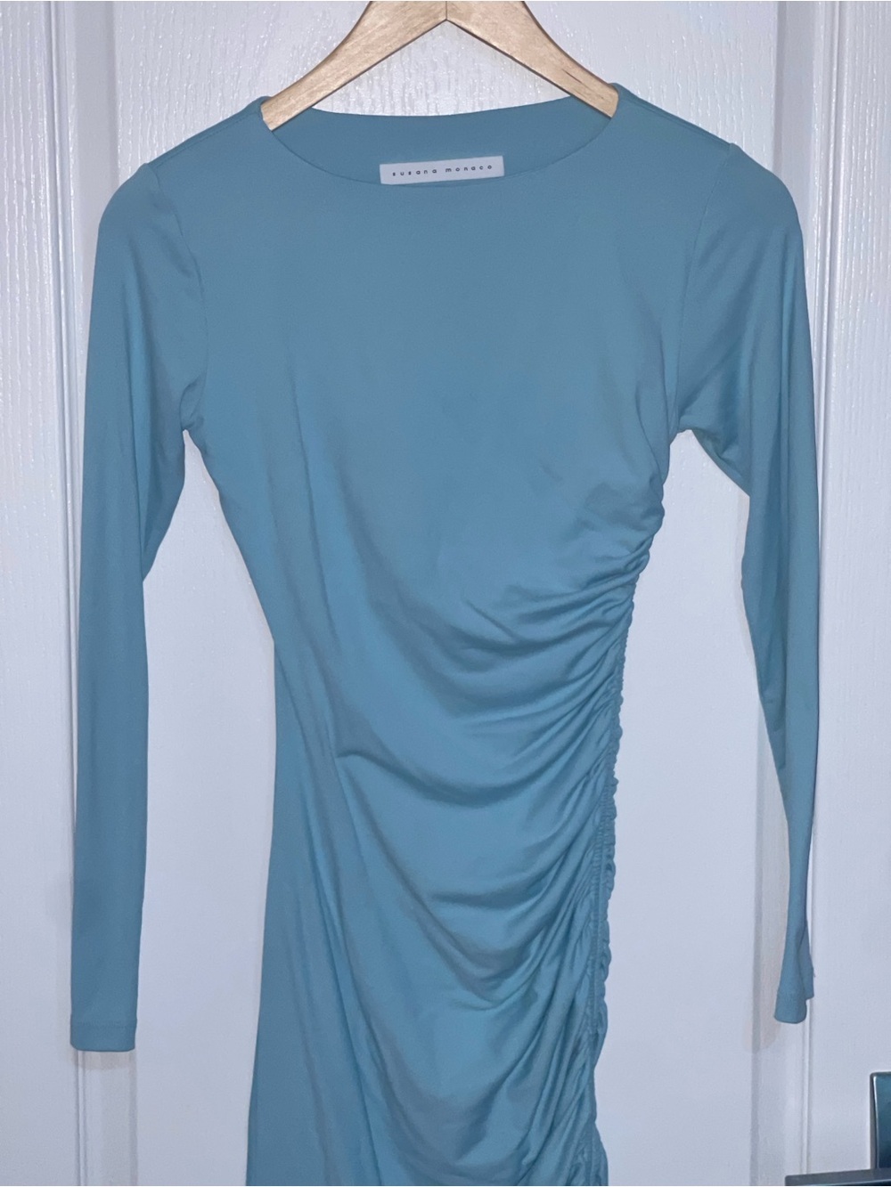 SUSANA MONACO Side Gathered Dress In Baby Blue Long-Sleeve Mint Ruched Side XS - Picture 6 of 9